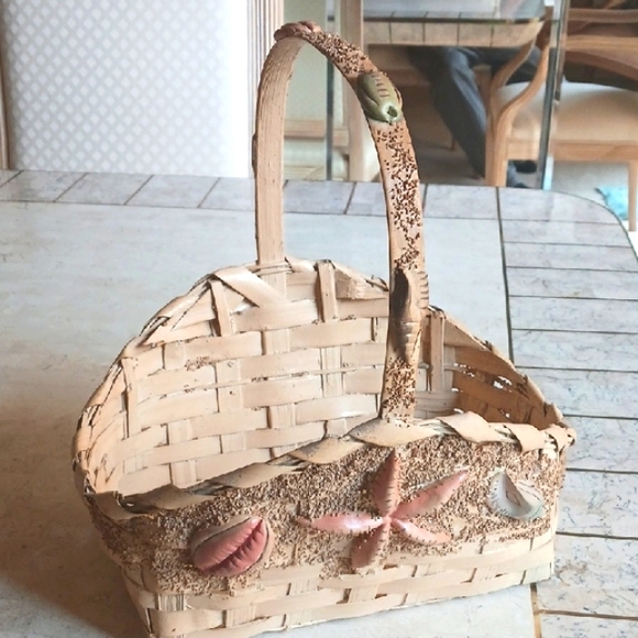 Other - Beige Woven Basket with Seashell Accents,   Vintage From 1990's..New